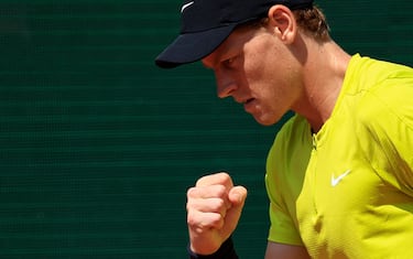Italy's Jannik Sinner reacts during the Monte Carlo ATP Masters Series Tournament round of 32 tennis match against Argentina's Diego Schwartzman at Monte Carlo on April 12, 2023. (Photo by Valery HACHE / AFP) (Photo by VALERY HACHE/AFP via Getty Images)