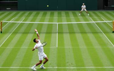 Novak Djokovic and Jannik Sinner practice on Centre Court at the All England Lawn Tennis and Croquet Club in Wimbledon, ahead of the championships which start on Monday. Picture date: Thursday June 29, 2023.