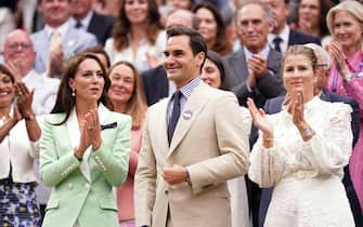 The Princess of Wales alongside Roger Federer and his wife Mirka, in the royal box on day two of the 2023 Wimbledon Championships at the All England Lawn Tennis and Croquet Club in Wimbledon. Picture date: Tuesday July 4, 2023.
