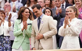 The Princess of Wales alongside Roger Federer and his wife Mirka, in the royal box on day two of the 2023 Wimbledon Championships at the All England Lawn Tennis and Croquet Club in Wimbledon. Picture date: Tuesday July 4, 2023.