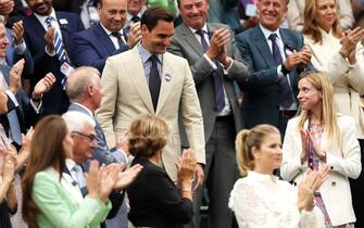 LONDON, ENGLAND - JULY 04: Former Wimbledon Champion, Roger Federer of Switzerland is honoured in the Royal Box prior to the Women's Singles first round match between Shelby Rogers of United States and Elena Rybakina of Kazakhstan during day two of The Championships Wimbledon 2023 at All England Lawn Tennis and Croquet Club on July 04, 2023 in London, England. (Photo by Clive Brunskill/Getty Images)