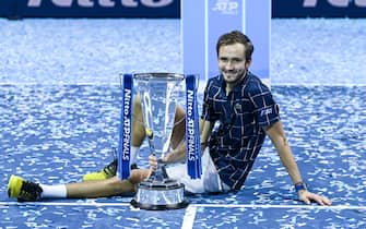 LONDON, ENGLAND - NOVEMBER 22: Daniil Medvedev of Russia poses with the trophy after his victory over against Dominic Thiem of Austria in the final on Day 8 of the Nitto ATP World Tour Finals at The O2 Arena on November 22, 2020 in London, England. (Photo by TPN/Getty Images)