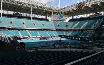 MIAMI GARDENS, FL - MARCH 20: A view of the The 2022 Miami Open Site Reveal Tennis court at Hard Rock Stadium presented by Itaú on March 20, 2022 in Miami Gardens, Florida. The 2022 Miami Open will reveal the elements fans can expect to enjoy as the tournament prepares to welcome back fans from all over the world. (Photo by JL/Sipa USA)