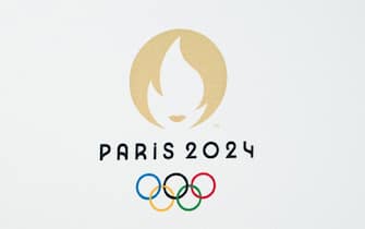 Illustation of the Paris 2024 Olympics logo during a Press Conference in Saint-Denis, France on February 08, 2023. Photo by Aurore Marechal/ABACAPRESS.COM