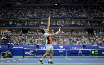 Carlos Alcaraz, of Spain, serves to Casper Ruud (r), of Norway, during the men's singles final of the U.S. Open tennis championships at the USTA Billie Jean King National Tennis Center in Flushing Meadows Corona Park New York, September 11, 2022. Alcatraz defeated Ruud to become, at 19, the youngest player to win the title championship. (Photo by Anthony Behar/Sipa USA)