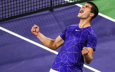 Carlos Alcaraz of Spain celebrates defeating defending BNP Paribas Open champion Cameron Norrie of Great Britain during the quarterfinals at the Indian Wells Tennis Garden in Indian Wells, Calif., Thursday, March 17, 2022. (Photo by Andy Abeyta/The Desert Sun / USA Today Network/Sipa USA)