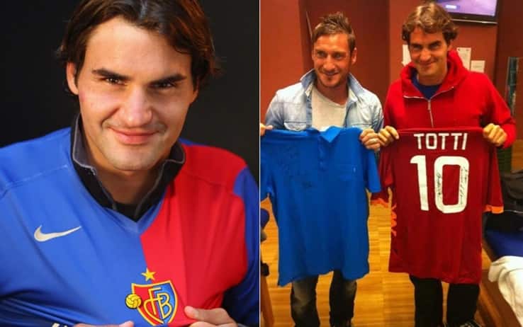 Roger Federer con la maglia del Basilea e insieme a Francesco Totti