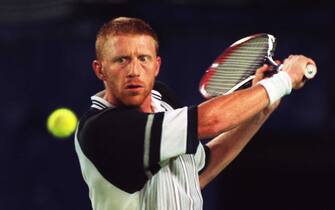 24 Jan 1996:  Boris Becker of Germany in action against Yevgeny Kafelnikov of Russia at the Ford Australian Open at Flinders Park in Melbourne, Australia.  Mandatory Credit: Phil Cole/Allsport