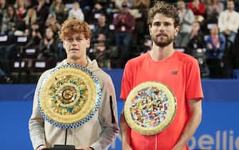 Jannik Sinner (ITA) with the winner's trophy and Maxime Cressy (USA) with the runner up trophy after the final of the Open Sud de France 2023, ATP 250 tennis tournament on February 12, 2023 at Sud de France Arena in Perols near Montpellier, France - Photo: Patrick Cannaux/DPPI/LiveMedia