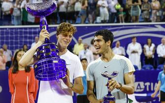 UMAG, CROATIA - JULY 31: Jannik Sinner of Italy and Carlos Alcaraz of Spain pose with the trophies after Men s Single final match on Day 8 of the 2022 Croatia Open Umag at Goran Ivanisevic ATP Stadium on July 31, 2022 in Umag, Croatia. Photo: Jurica Galoic/PIXSELL