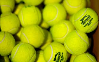 A general view of Slazenger Wimbledon 2023 branded tennis balls during day four of the 2023 Lexus Surbiton Trophy at Surbiton Racket and Fitness Club, London. Picture date: Thursday June 8, 2023.