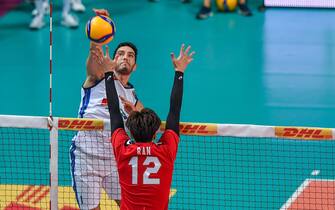 Giulio Pinali (Italy) - Takahashi Ran (Japan)  during  DHL Test Match Tournament - Italy vs Japan, Volleyball Intenationals in Cuneo, Italy, August 20 2022