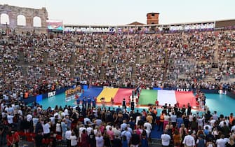 the crowd in arena during the match  during  CEV EuroVolley 2023 - Women - Italy vs Romania, Volleyball Intenationals in Verona, Italy, August 15 2023