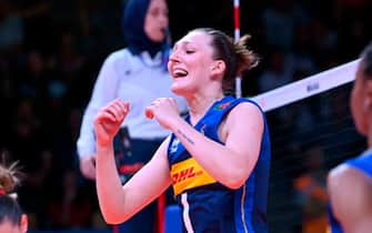 ANKARA, TURKEY - JUNE 03:  Marina Lubian #1 of Italy Women celebrates during the FIVB Volleyball Women's National League first week match between Netherlands Women and Italy Women at Ankara Sports Hall on June 03, 2022 in Ankara, Turkey. (Photo by Seskim Photo/MB Media/Getty Images)