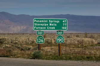 LONE PINE, CA - APRIL 6:  The roads to Death Valley and Furnace Creek viewed from Highway 395 on April 6, 2017, in Lone Pine, California. Owens Valley is an arid valley in eastern California, to the east of the Sierra Nevada and west of the White Mountains and Inyo Mountains on the west edge of the Great Basin. The mountain peaks on either side reach above 14,000 feet in elevation, while the floor of the Owens Valley is at 4,000 feet, making the valley one of the deepest in the United States.  (Photo by George Rose/Getty Images)