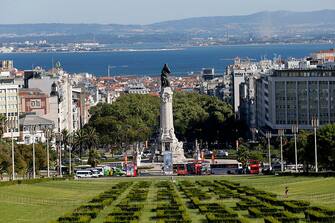 LISBON, PORTUGAL - AUGUST 28: View of Marques de Pombal place from Eduardo VII park on August 28, 2014 in Lisbon, Portugal.  (Photo by Dominik Bindl/Getty Images)