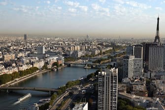 An aerial picture taken on September 15, 2020 shows western Paris, the Seine river and the Eiffel tower (C). (Photo by Thomas COEX / AFP) (Photo by THOMAS COEX/AFP via Getty Images)