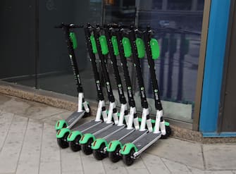 EDMONTON, ALBERTA - AUGUST 28: Lime brand scooters line the sidewalk in city centre as photographed on August 28, 2020 in Edmonton, Alberta, Canada. (Photo by Bruce Bennett/Getty Images)