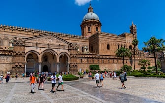 PALERMO, ITALY AUGUST 9: Tourists visit the cathedral of the Blessed Virgin Mary of the Assumption. The cathedral contains the tombs of the kings of Sicily on August 9, 2019 in Palermo, Italy. The city of Palermo and the 4 most visited cities in Italy by Italian and foreign tourists. (Photo by Stefano Montesi/Corbis via Getty Images)