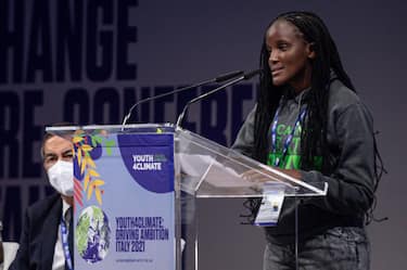 MILAN, ITALY - SEPTEMBER 28: Vanessa Nakate, Youth Climate Activist speaks from the podium during the Youth4Climate Pre-COP Youth Event at MiCo in Milan, Italy on September 28, 2021. (Photo by Piero Cruciatti/Anadolu Agency via Getty Images)