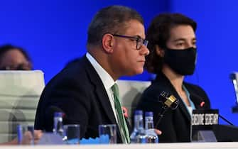 Britain's President for COP26 Alok Sharma makes his concluding remarks during the COP26 UN Climate Change Conference in Glasgow on November 13, 2021. (Photo by Paul ELLIS / AFP)