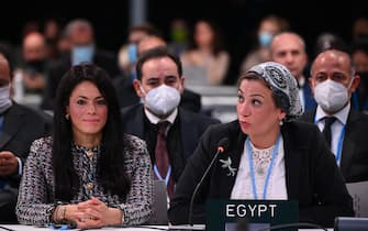 GLASGOW, SCOTLAND - NOVEMBER 11: Members of the Egypt delegation accept the next COP (Conference of the Parties) for COP27 which will be held next year at Sharm El Sheikh, Egypt, during the COP26 Closing Plenary Part 1 on November 11, 2021 in Glasgow, Scotland. Day twelve of the 2021 COP26 climate summit in Glasgow will focus on advancing action in the places we live, from communities to cities and regions.  This is the 26th "Conference of the Parties" and represents a gathering of all the countries signed on to the U.N. Framework Convention on Climate Change and the Paris Climate Agreement. The aim of this year's conference is to commit countries to net-zero carbon emissions by 2050. (Photo by Jeff J Mitchell/Getty Images)