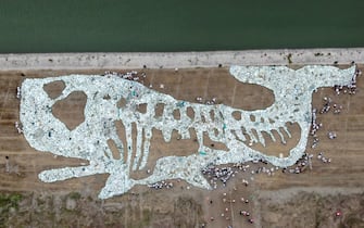 Aerial view of the floating plastic pollution featuring the shape of a 68-meter-long "sperm whale" to call for ocean conservation on the World Ocean Day in Rudong county, Nantong city, east China's Jiangsu province, 10 June 2019.

Chinese volunteers used floating plastic pollution to make a 68-meter-long "sperm whale" on the World Ocean Day in Rudong county, Nantong city, east China's Jiangsu province, 10 June 2019. The artwork was made to call for ocean conservation. (Photo by Xu congjun - Imaginechina/Sipa USA)