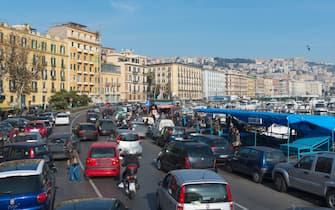 Traffic jam in Naples city centre, Italy, Europe