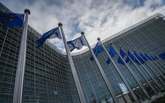 Outside view of European Commission headquarters called Berlaymont and EU flags in Brussels, Belgium, 08 December 2021. ANSA/OLIVIER HOSLET