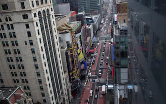 NEW YORK, NEW YORK - MARCH 31: Traffic is seen in Times Square on March 31, 2022. In 2021 the city received just 32.9 million visitors, less than half the record total for 2019. After two years of pandemic about 115 of its hotels have not reopened yet. (Photo by Eduardo Munoz/VIEWpress)