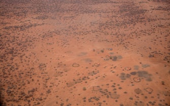 The dry landscape in Gedo, Somalia, as seen from a plane. (Photo by Sally Hayden / SOPA Images/Sipa USA)