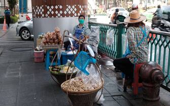 Social Distancing Thai Food Street Vendors Chit Lom BTS Pathum Wan District Bankok Thailand