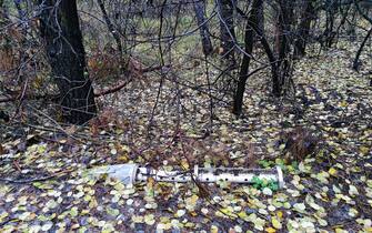 KHARKIV REGION, UKRAINE - OCTOBER 26, 2022 - The remains of a missile are stuck in the ground in a forest near Izium after the area was liberated from Russian invaders, Kharkiv Region, northeastern Ukraine.