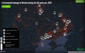 A pochi giorni dall'anniversario del conflitto in Ucraina, Greenpeace e la Ong ucraina Ecoaction pubblicano una "Mappa dei danni ambientali" causati dalla guerra per denunciare i gravissimi impatti sugli ecosistemi, 21 febbraio 2023.    NPK     ANSA / Ufficio stampa Greenpeace     +++ ANSA PROVIDES ACCESS TO THIS HANDOUT PHOTO TO BE USED SOLELY TO ILLUSTRATE NEWS REPORTING OR COMMENTARY ON THE FACTS OR EVENTS DEPICTED IN THIS IMAGE; NO ARCHIVING; NO LICENSING +++