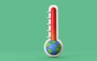 Climate change concept. Rising earth temperature thermometer. 3D Render.
