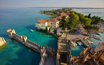 Elevated view of the walls of the scaliger castle of Sirmione, Brescia province, Italy
