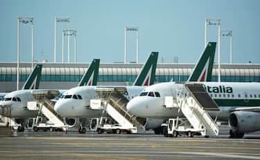 Alcuni aerei della compagnia Alitalia in sosta all'aeroporto Leonardo Da Vinci di Fiumicino. Secondo fonti la newco parte con 25-30 aerei.