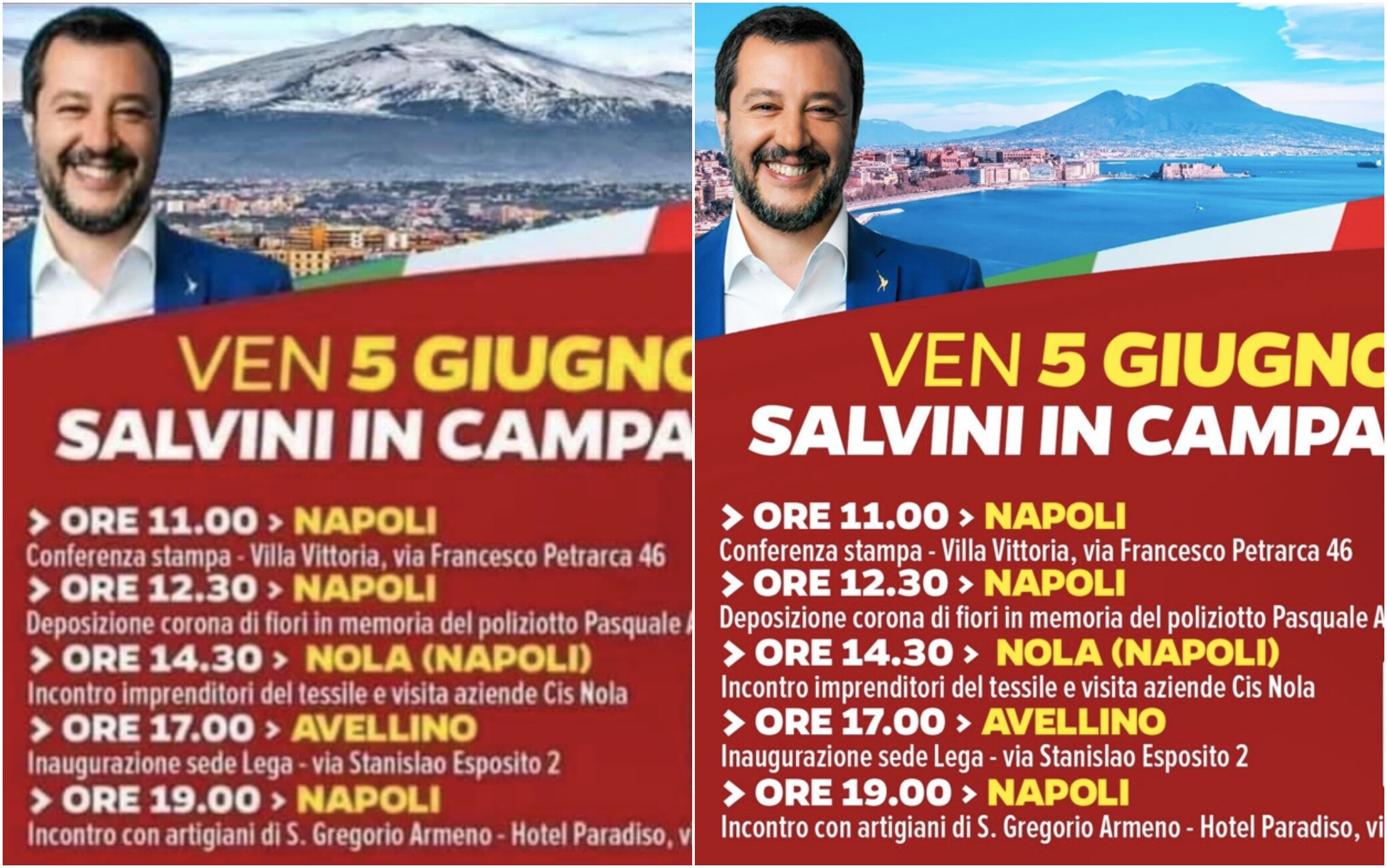 A sinistra, il volantino con l'Etna al posto del Vesuvio; a destra, il volantino corretto Salvini Etna Vesuvio