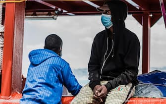 A handout photo made available by the press office of SOS Mediterranee, shows migrants boarded on Ocean Viking ship anchored off the Sicilian port of Porto Empedocle in compliance with orders from the Italian authorities., 06 July 2020. Conditions on the ship are difficult as it has not been able to disembark the migrants after rescuing them late last month.. EPA/FLAVIO GASPERINI / SOS MEDITERRANEE / HANDOUT HANDOUT EDITORIAL USE ONLY/NO SALES