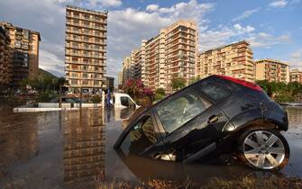 PALERMO, ITALY - JULY 15: Vehicles submerged are seen along the tangential of the town after a storm on July 15, 2020 in Palermo, Italy. After a storm, the city was in complete panic with the meteo station registering more than 80 mm of rain within few minutes.  (Photo by Tullio Puglia/Getty Images)