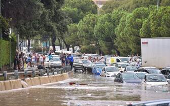 PALERMO, ITALY - JULY 15: Vehicles submerged are seen along the tangential of the town after a storm on July 15, 2020 in Palermo, Italy. After a storm, the city was completely in panic and the meteo station registered more than 80 mm of rain in few minutes.  (Photo by Tullio Puglia/Getty Images)
