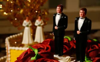 WEST HOLLYWOOD, CA - JUNE 10:  Same-sex wedding cake topper figurines are seen at Cake and Art cake decorators June 10, 2008 in West Hollywood, California. Business is increasing sharply for local wedding services in the days leading up to the start of legal marriages for gay and lesbian couples June 17. Same-sex weddings could grow the California wedding industry by $684 million and, over the next three years, add $64 million to the state's budget, a study by the Williams Institute at UCLA's law school reports. The California Supreme Court refused to stay its decision legalizing same-sex marriage despite calls by conservative and religious opponents for the court to stop same-sex couples from marrying before an initiative to amend the state constitution to ban gay marriage goes to ballot in November.   (Photo by David McNew/Getty Images)