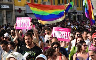 People parade during the Milan Pride 2019 on June 29, 2019 in Milan, as part of the LGBT Pride month marking the 50th anniversary of the New York Stonewall Riots. (Photo by Miguel MEDINA / AFP)        (Photo credit should read MIGUEL MEDINA/AFP via Getty Images)