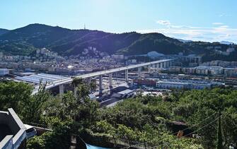 Vehicles drive across the new San Giorgio bridge, following its reopening for traffic, in Genoa, northern Italy on August 5, 2020. - The gleaming new bridge in Genoa built after the deadly collapse of a viaduct opened on August 4, but critics say not enough has been done since the 2018 disaster to overhaul Italy's crumbling infrastructure. (Photo by ANDREAS SOLARO / AFP) (Photo by ANDREAS SOLARO/AFP via Getty Images)