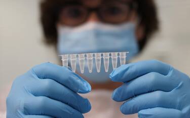 Personale della società biotecnologica Bioside di San Paolo, in provincia di Brescia, che nei mesi del lockdown ha messo a punto un kit già pronto per l'analisi dei tamponi naso-faringei, al lavoro, Brescia, 26 agosro 2020. Il rapporto tra tamponi e numero di positivi in Lombardia è pari a 1,6%. Si trovano soprattutto in due province i nuovi casi: dei 269 nuovi contagiati, 102 arrivano da quella di Milano, di cui 66 a Milano città, e 73 da quella di Brescia. ANSA/FILIPPO VENEZIA