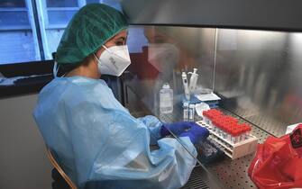 Una dottoressa processa i tamponi test Covid-19 effettuati sui pazienti, nel laboratorio del Policlinico S.Martino. Genova, 26 Maggio 2020 ANSA/LUCA ZENNARO