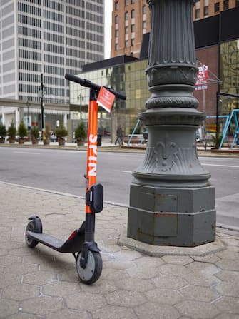 View of a dockless electric scooter at the corner of Woodward and Congress Street from San Francisco-based scooter-sharing company Spin  in Detroit, Michigan, April 2019. Spin was acquired by Ford Motor Company. (Photo by Interim Archives/Getty Images)