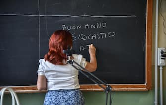 Metà classe in presenza e metà classe a casa collegata via web in streaming- Primo giorno di scuola al Liceo Scientifico Leonardo Da Vinci - Milano 14 Settembre 2020  Ansa/Matteo Corner