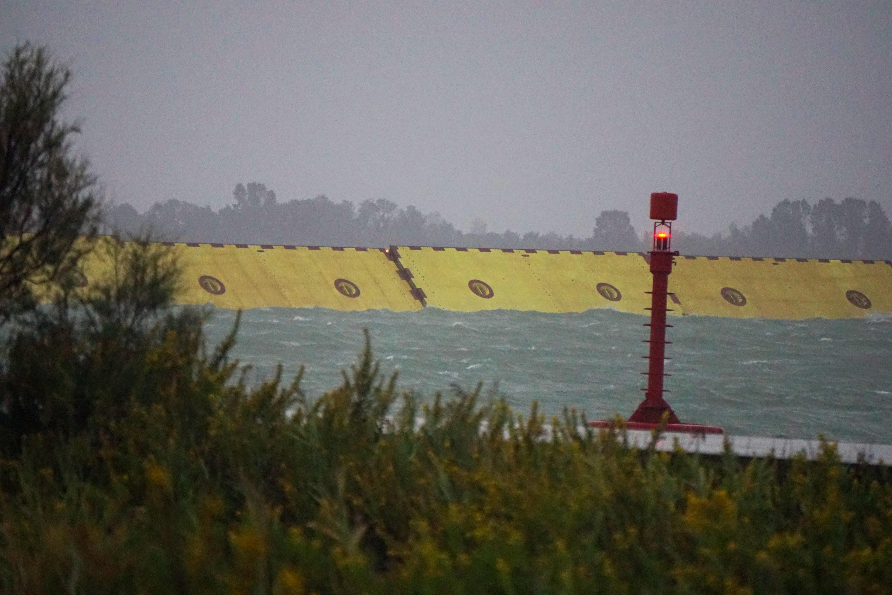 VENEZIA, ACQUA ALTA, ATTIVATO IL MOSE The barriers of the 'Mose', emerged from the water, for the first time, to protect Venice from the high tide, for now still under the metro, Venice, Italy, 03 October 2020. On Venice has begun to rain, and there is a strong sirocco wind. ANSA / Andrea Merola