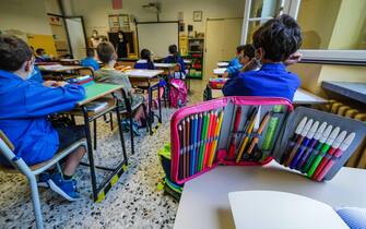 Ritorno a scuola al tempo del Covod. Entrata degli alunni con misurazione temperatura e distanziamento alla scuola Baricco.Torino 14 settembre 2020 ANSA/TINO ROMANO